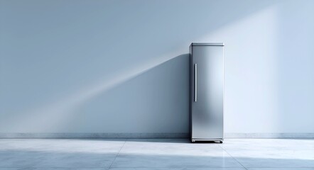 Modern stainless steel refrigerator standing against a light blue wall with dramatic diagonal light and shadow casting across the clean floor