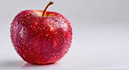 A single perfectly ripe red apple covered in glistening water droplets sits on a clean white surface with a soft grey background highlighting its freshness and natural beauty