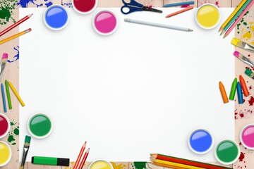Obraz premium Blank white paper sheet is being shown in flat design wooden table with paint pots, pencils
