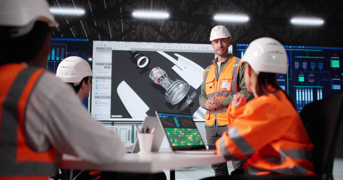 Multiracial Engineer Giving Innovative 3D Aerospace Design Presentation