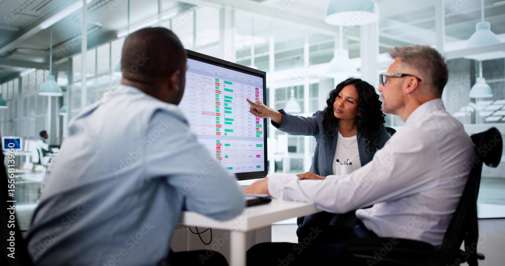 Poster Business Team Analyzing Reports On Multiple Computer Screens In Workplace
