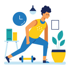Home Workout Scene Vector Cartoon Clipart and Line Art Fitness Illustration for Print.eps