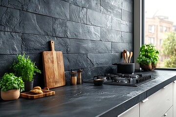 Kitchen interior with black stone wall countertop gas stove wooden cutting board and herbs