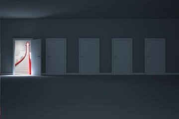 Door opening to show red arrow and sky
