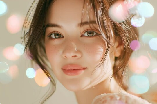 美しい肌が際立つ若い女性のアップ写真　やさしいまなざしが印象的な女性の表情