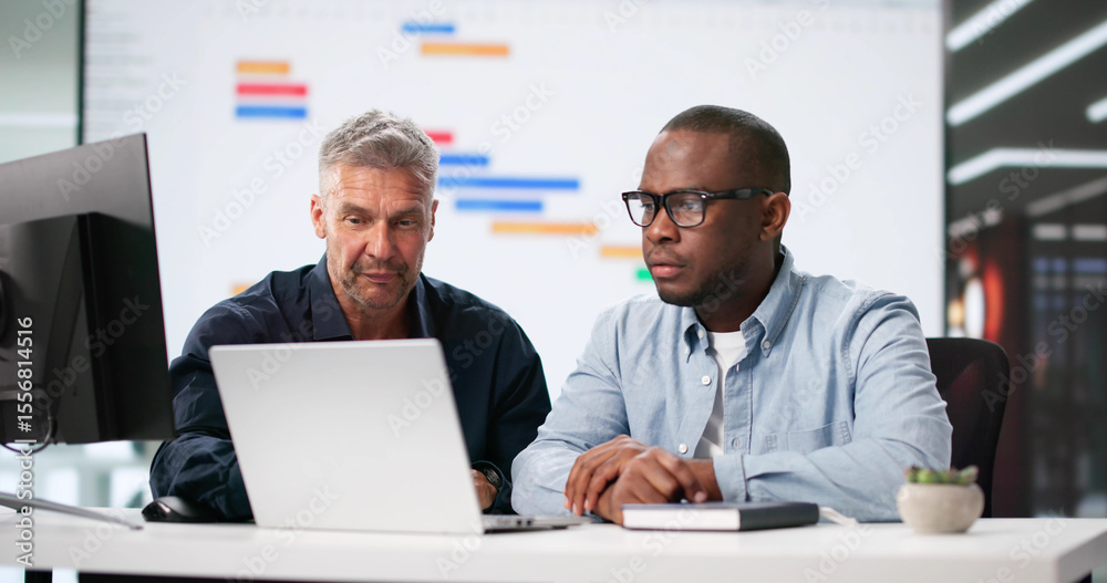 Poster multiracial office team using gantt and kanban boards