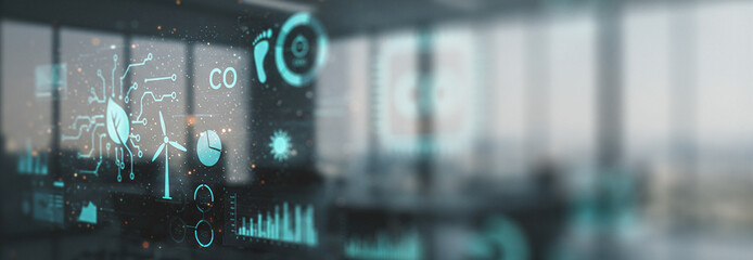 Futuristic office interior with digital interface elements and large windows overlooking a cityscape. Great for biotech UI scenes, eco-tech branding, or clean business mockups.