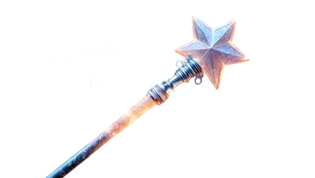 Ornate star tipped wand with textured handle on black background isolated on a transparent background