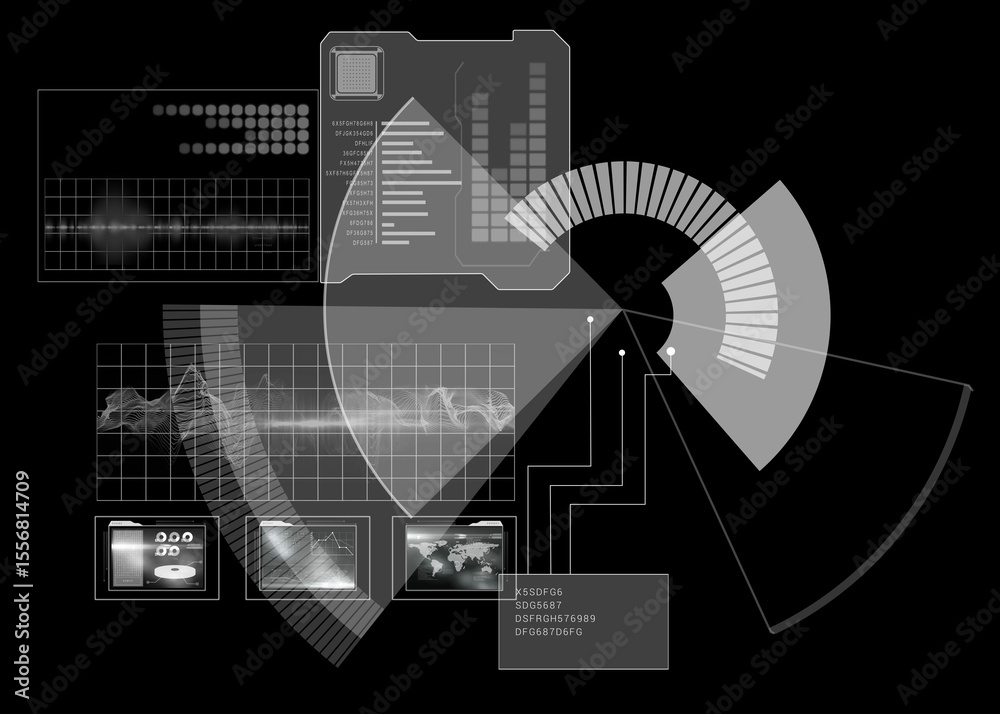 Poster displaying hud overlay on dark field with radial gauge, bar chart, waveform grids and data windows