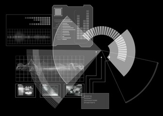 Displaying HUD overlay on dark field with radial gauge, bar chart, waveform grids and data windows