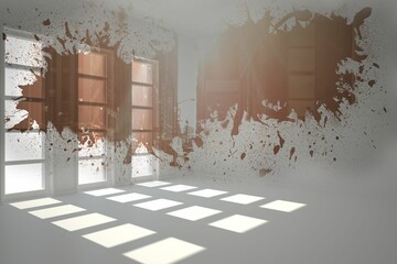 Empty white flat design space is blending windows with transparent urban facade and paint splatter