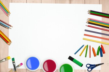 Blank sheet is lying flat on wood tabletop, being surrounded by art supplies in flat design