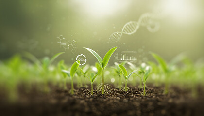Seedlings emerge from the soil with dna and other scientific visualizations. Best for biotech-agriculture branding, eco-lab visuals, or green innovation interface designs.
