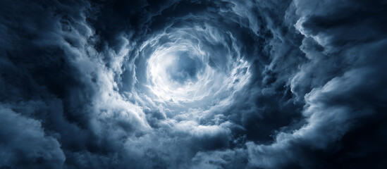 Tunnel of Light in Clouds. massive circular cloud formation with dark center resembling vortex in sky dreamy surreal anime cartoon aesthetic background