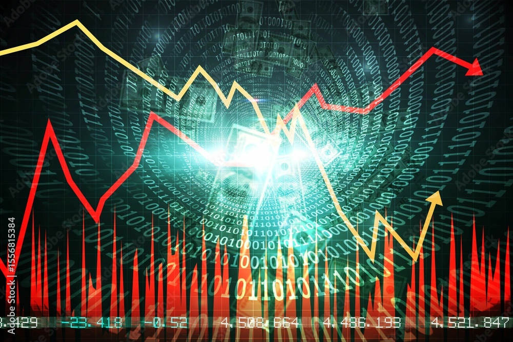 Poster flat design showing red and yellow charts with red bars on green binary background showing figures