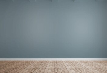 Empty room illustration is showing smooth blue-gray wall and wood floor, flat design copy space