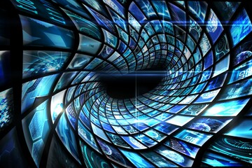 Vortex of digital screens in blue