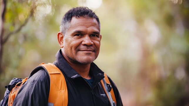 A middle-aged Indigenous man enjoys a moment in nature, dressed casually with a backpack. His friendly smile reflects a connection to the outdoors. - Powered by Adobe