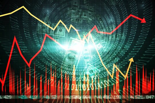 Flat design showing red and yellow charts with red bars on green binary background showing figures