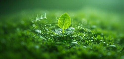 A single green leaf sprouts from a green grass field with glowing overlay. Suitable for sustainability visuals, eco-tech dashboards, or green energy interface branding.