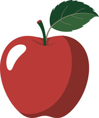 Illustration of a shiny red apple with a green leaf and short stem