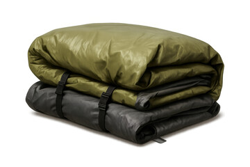 Fototapeta premium Green camping tent folding over grey ground cloth, positioned for outdoor expedition in minimalist staging