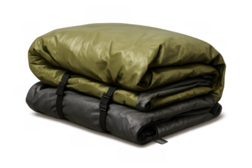 Green camping tent folding over grey ground cloth, positioned for outdoor expedition in minimalist staging