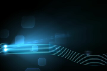 Neon-blue curved lines are stretching across dark space in flat design, showing glowing squares