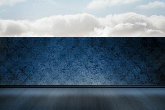 Fototapeta Flat design is showing minimal blue textured wall panel on wooden floor under cloudy sky