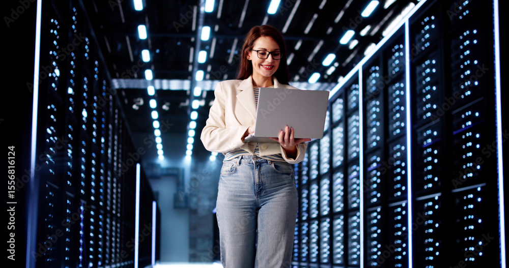 Poster Female IT Technician Installing Data Server Security System