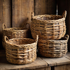 Wicker baskets are stacked on a wooden surface indoors