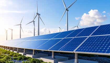 Futuristic BESS installation with solar panels and wind turbines in the background