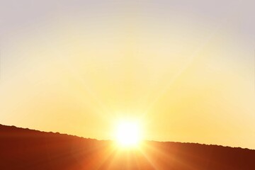 Sunrise is unfolding over jagged ridge in flat design, beams are illuminating sky with golden light