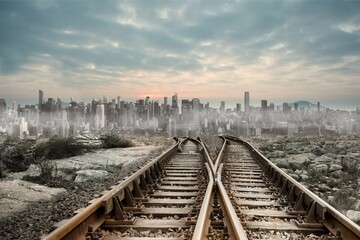 Fototapeta premium Railway tracks leading to big city