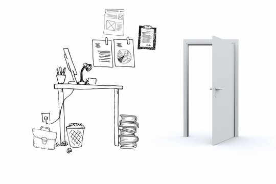 Hand-drawing workspace sketch blending into 3D-rendered open white door on white studio background