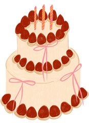 Illustration of piece of cake with strawberries, ribbon and candles. Coquette cake suitable for birthday card, element, design, etc.
