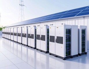 Modern Battery Energy Storage System (BESS) facility with lithium-ion battery racks,