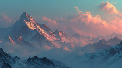Majestic Mountain Sunrise: Snow-capped peaks bathed in the warm hues of dawn pierce the clouds, casting an ethereal glow across a vast mountain range.