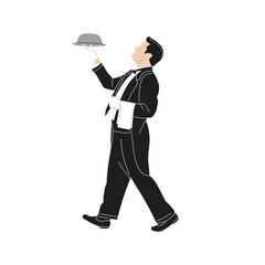 Vector illustration of two elegant waiters wearing classic black uniforms with bow ties. One waiter is standing formally with a serving tray and napkin Perfect for restaurant, hospitality, catering