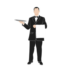 Vector illustration of two elegant waiters wearing classic black uniforms with bow ties. One waiter is standing formally with a serving tray and napkin Perfect for restaurant, hospitality, catering