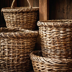 Close up of a stack of rustic wicker baskets indoors