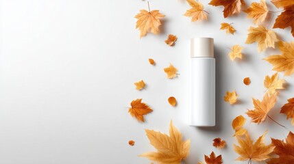 Minimalist beauty product surrounded by autumn leaves.