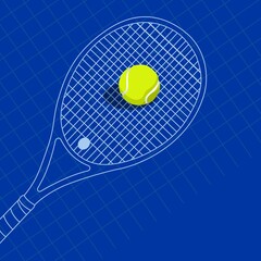 Image of tennis ball on tennis racket on blue background