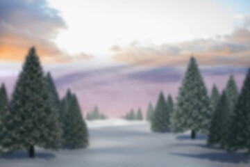 Flat design is showing evergreens in rows around snowy clearing under sunset clouds