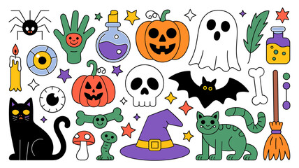 Naklejka premium Vector art of halloween icons featuring pumpkins cats ghosts and other spooky elements