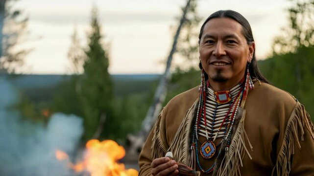 Native American man in traditional attire holding ceremonial item near fire, with trees background