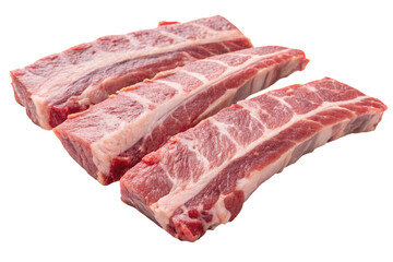 Obraz premium Three raw pork ribs with visible fat marbling and bone isolated on transparent background