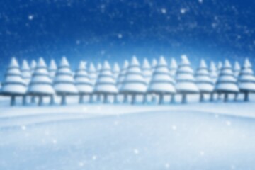 Flat design art is showing snowy evergreen trees and snowfield under star-speckled night sky