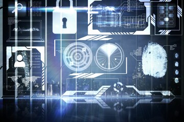 Hologram interface in office overlooking city
