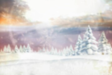 Flat design showing snow-covered evergreen trees on right side in snowy field under pastel sky